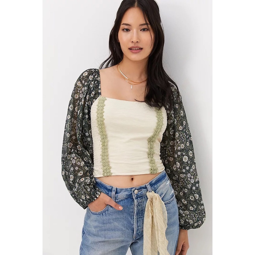 NWT ANTHROPOLOGIE SMOCKED BALLOON-SLEEVE TOP IN MOSS - Picture 3 of 9